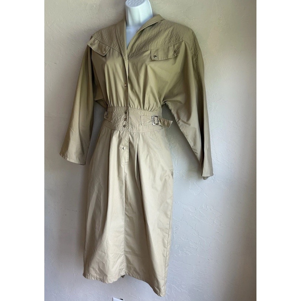 Vintage 80s Khaki Trench Midi Shirt Dress 10 Equestrian Old Money Minimalist - Picture 3 of 10
